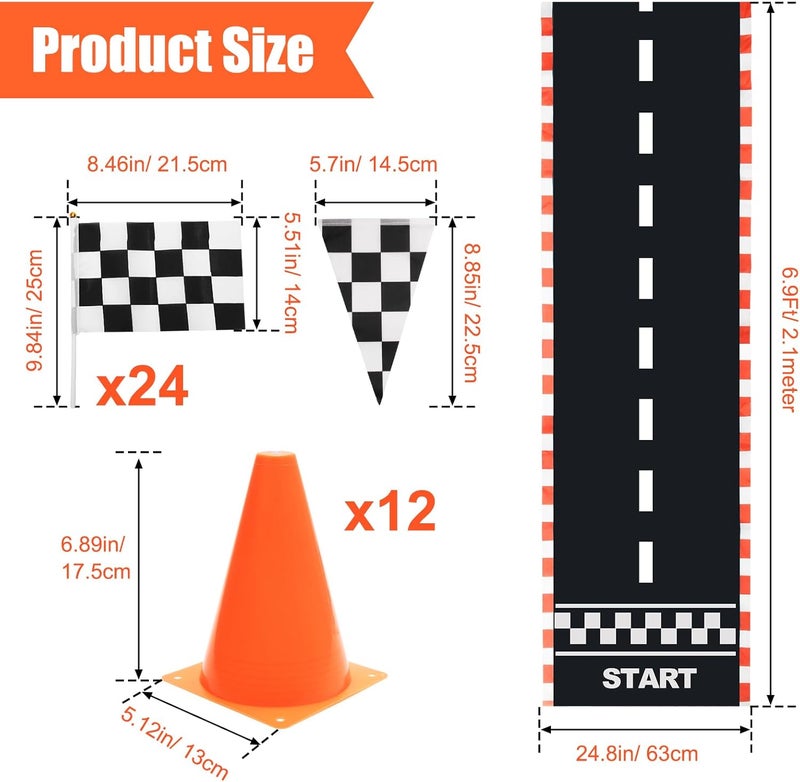 Anglekai 12+24 Traffic Cones and Racing Checkered Flags, 24 Checkered Flags with Sticks/ 12 Plastic Traffic Cones/ 9.8Ft Checkered Pennant Banner/ 6.56Ft Racetrack Floor Running Mat for Theme Party - Image 2